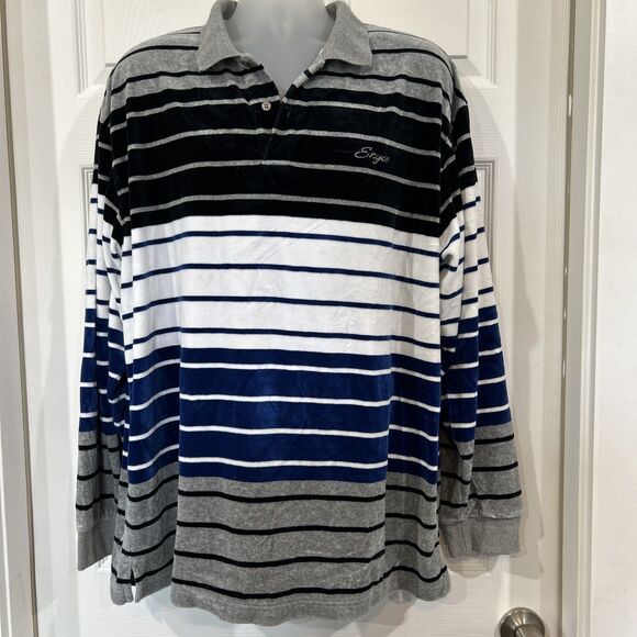 Vintage Enyce Striped Velour Polo Shirt Y2K 1990s Long Sleeve Men's XL Blue Gray - Picture 1 of 10